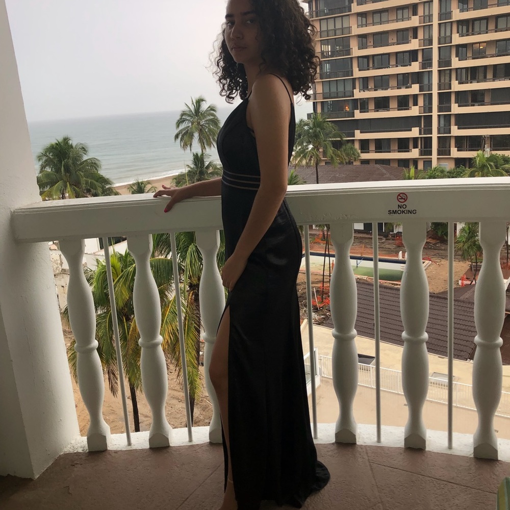 Black satin formal dress with split in front